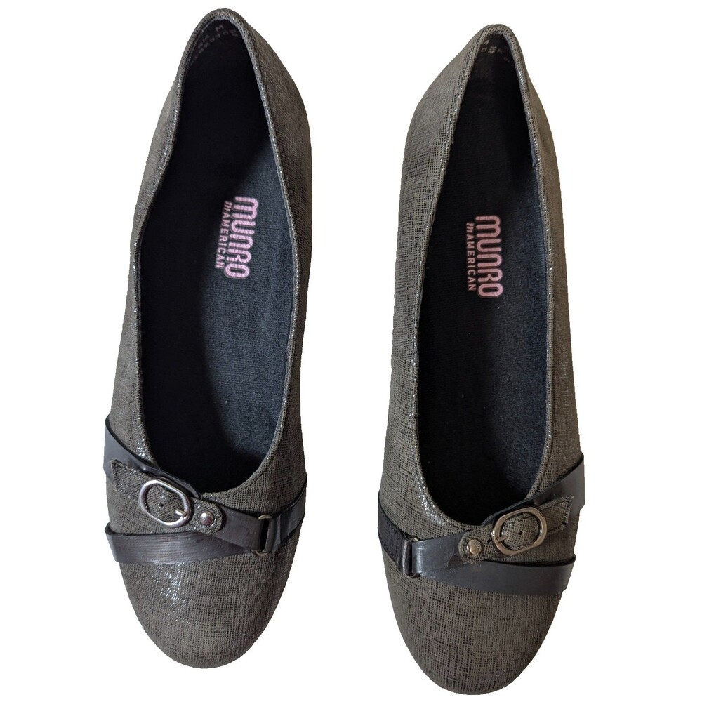 Munro American Josie Flats 8.5 M Grey Crosshatch Patent Buckle Ballet NIB USA